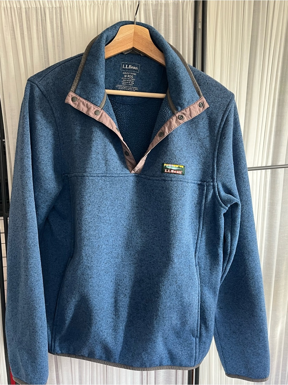 L.L. Bean Blue Sweater Fleece Pullover Snap-Neck Pullover with Brown Trim